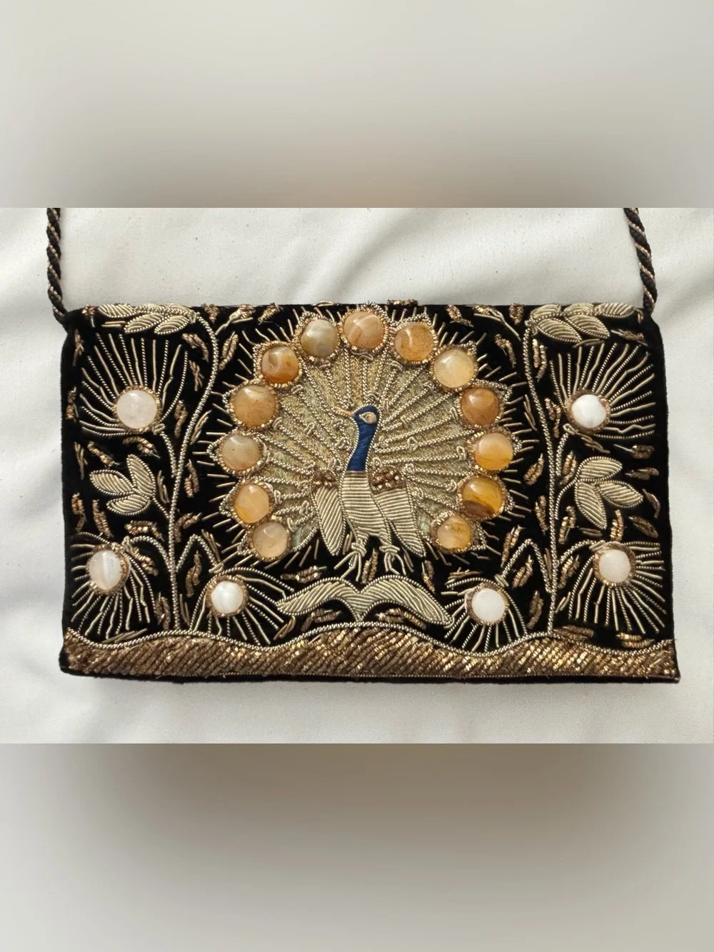 Embroidered Black Velvet Peacock Shoulder Bag/Clutch w/Accent Stones, VGUC